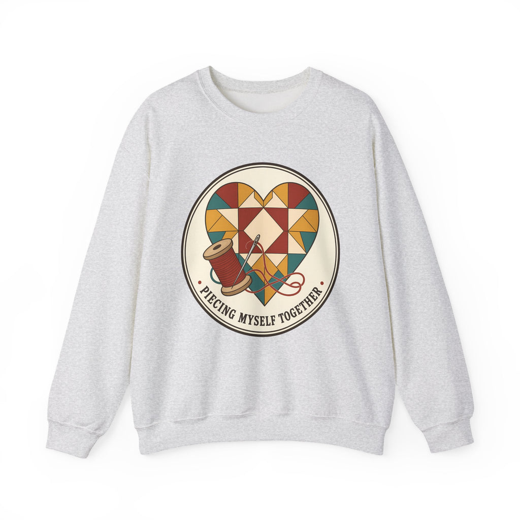Piecing Myself Together Quilting Sweatshirt, Quilt Heart Badge Crewneck, Retro Quilter Gift, Patchwork Lover Sweater