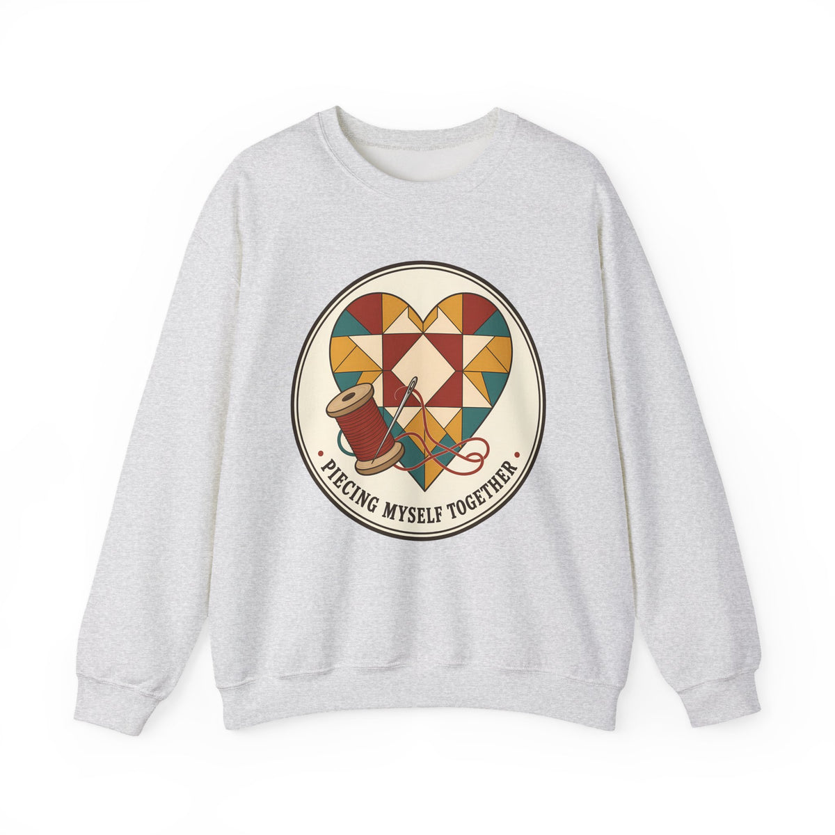 Piecing Myself Together Quilting Sweatshirt, Quilt Heart Badge Crewneck, Retro Quilter Gift, Patchwork Lover Sweater