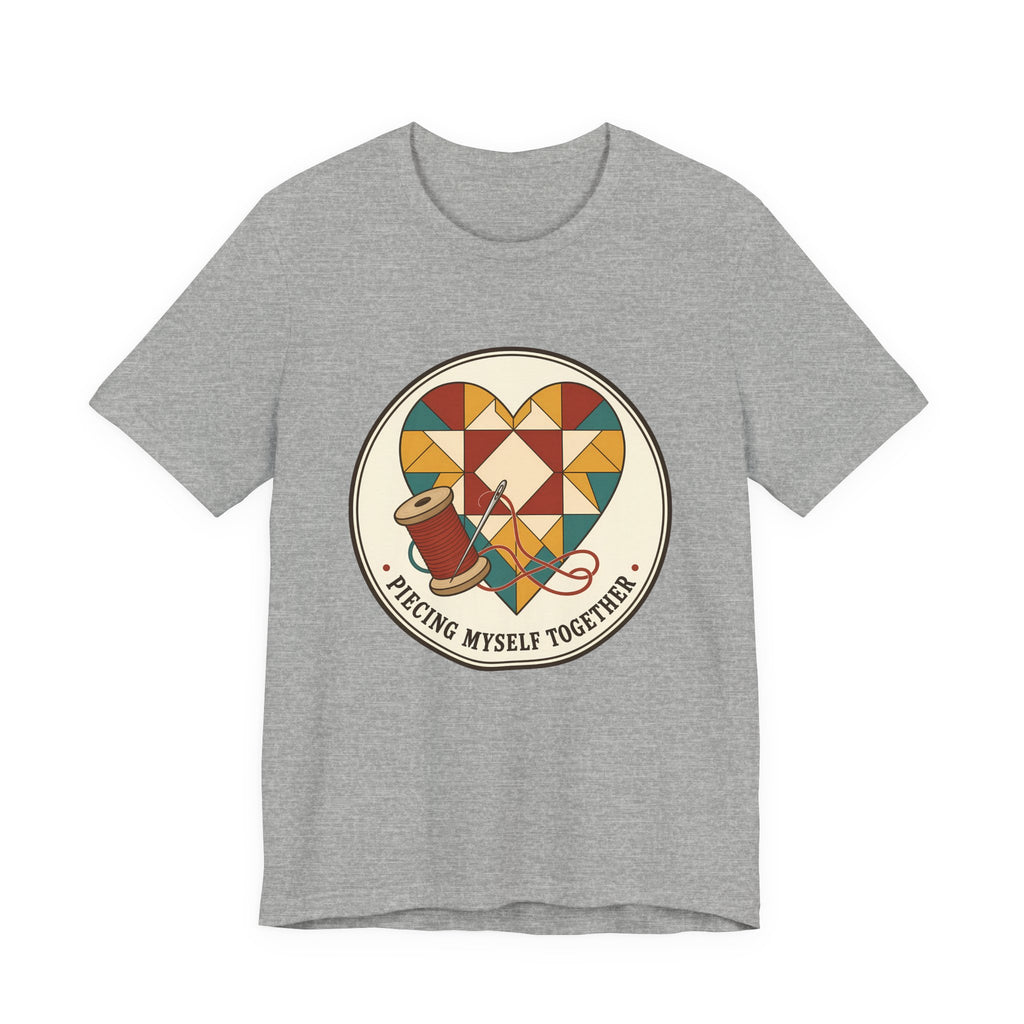 Piecing Myself Together Quilting Shirt, Quilt Heart Badge Tee, Retro Quilter Gift, Patchwork Tote Bag