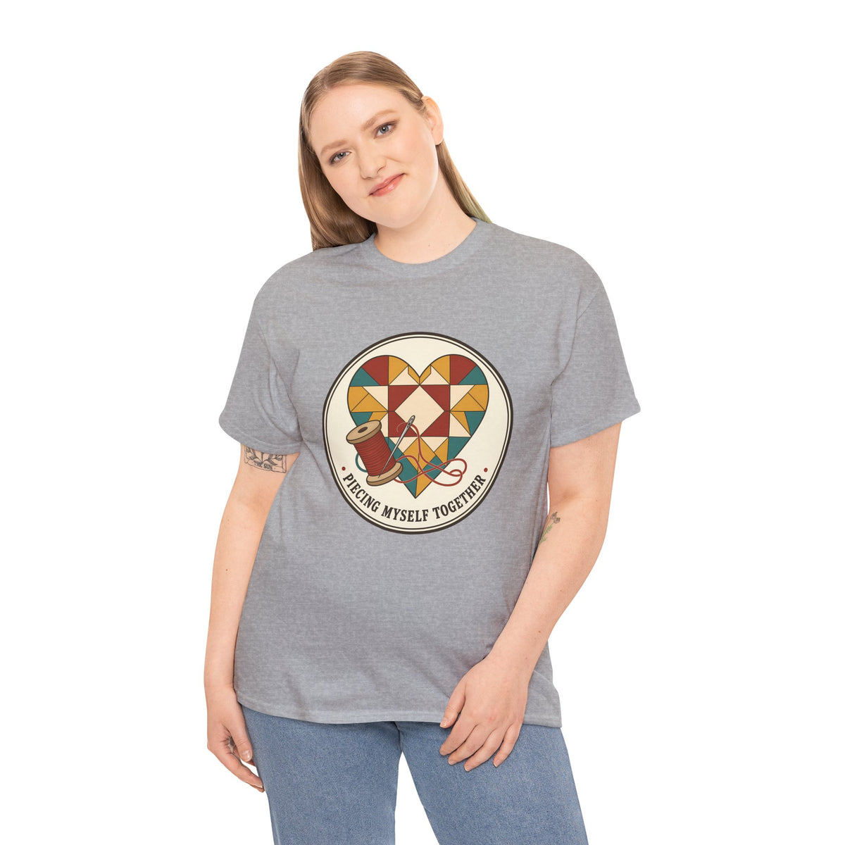 Piecing Myself Together Quilting Plus Size Tee up to 5XL, Quilt Heart Badge Shirt, Retro Quilter Gift, Patchwork Lover
