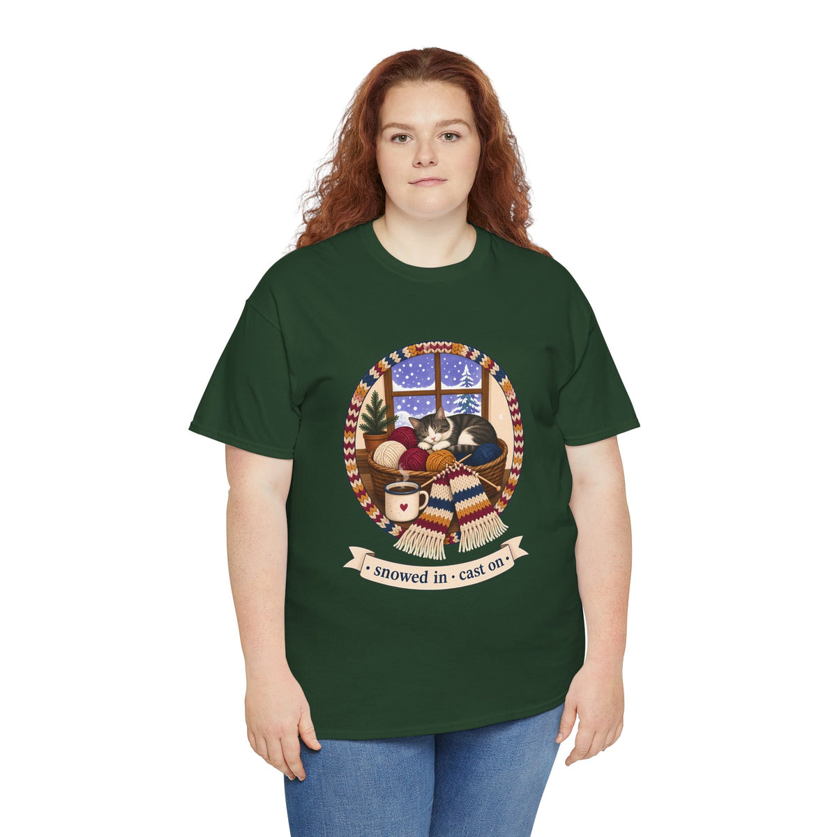 Snowed In Cast On Plus Size Tee up to 5XL, Cozy Knitting Cat Shirt, Winter Knitter Gift, Yarn Lover Gift