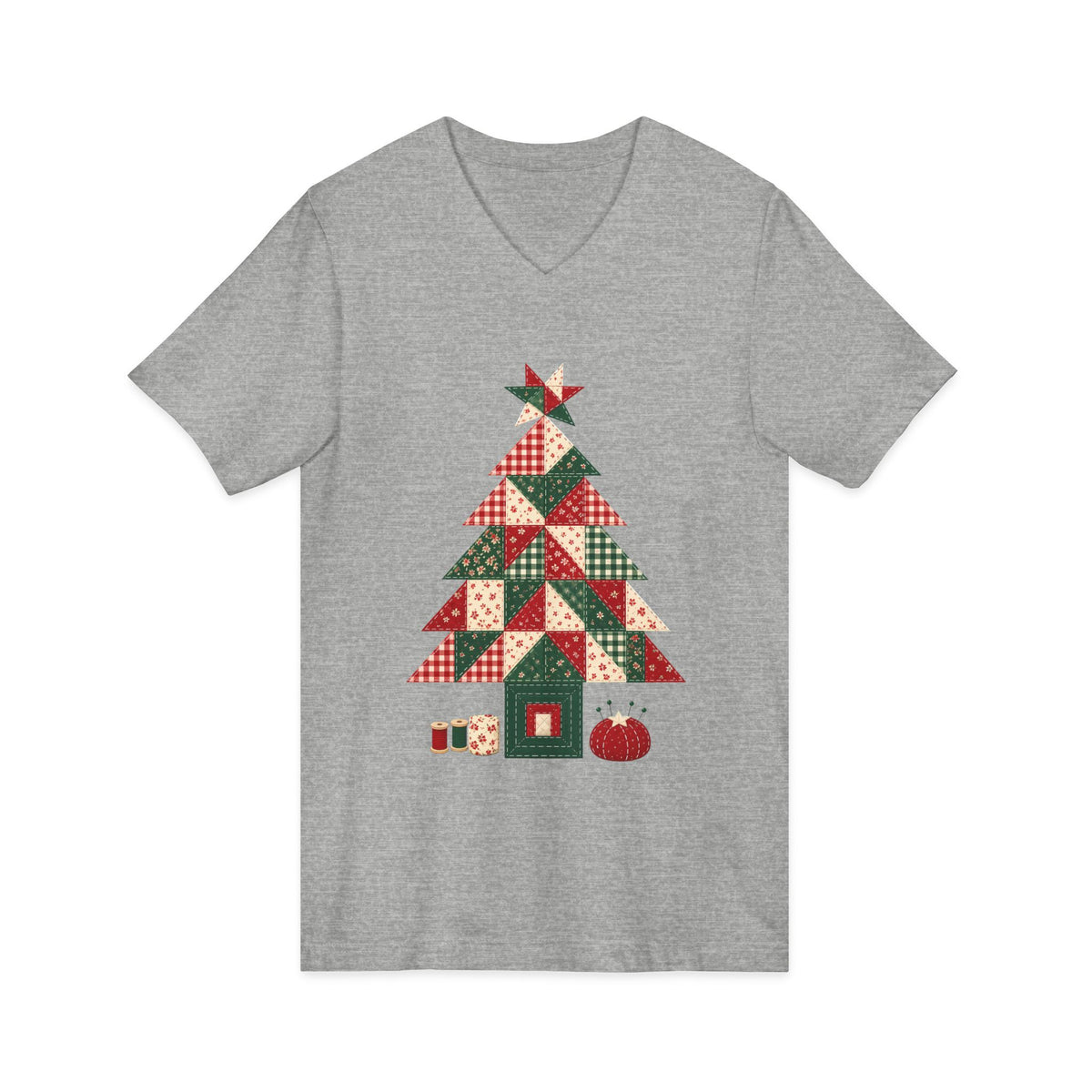 Quilt Block Christmas Tree V-Neck Shirt, Patchwork Quilter Holiday Tee or Tote, Gift for Quilters, Sewing Christmas Sweatshirt