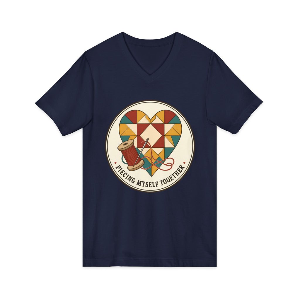 Piecing Myself Together Quilting V-Neck Shirt, Quilt Heart Badge Tee, Retro Quilter Gift, Patchwork Tote Bag