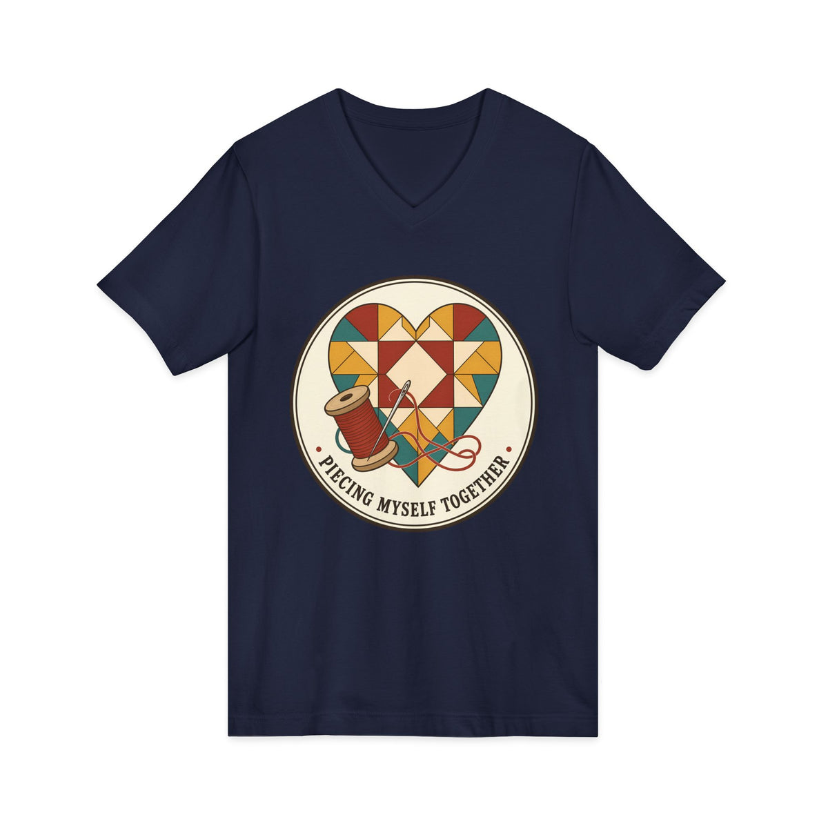 Piecing Myself Together Quilting V-Neck Shirt, Quilt Heart Badge Tee, Retro Quilter Gift, Patchwork Tote Bag