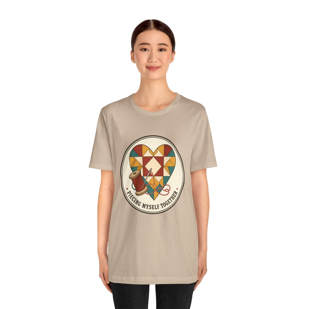 Piecing Myself Together Quilting Shirt, Quilt Heart Badge Tee, Retro Quilter Gift, Patchwork Tote Bag