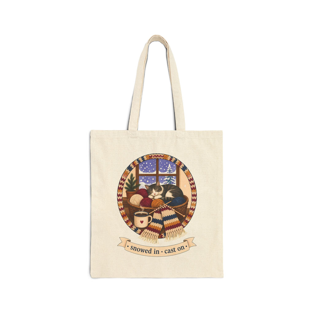 Snowed In Cast On Tote Bag, Cozy Knitting Cat Project Bag, Winter Knitter Gift, Yarn Lover Craft Tote Bag