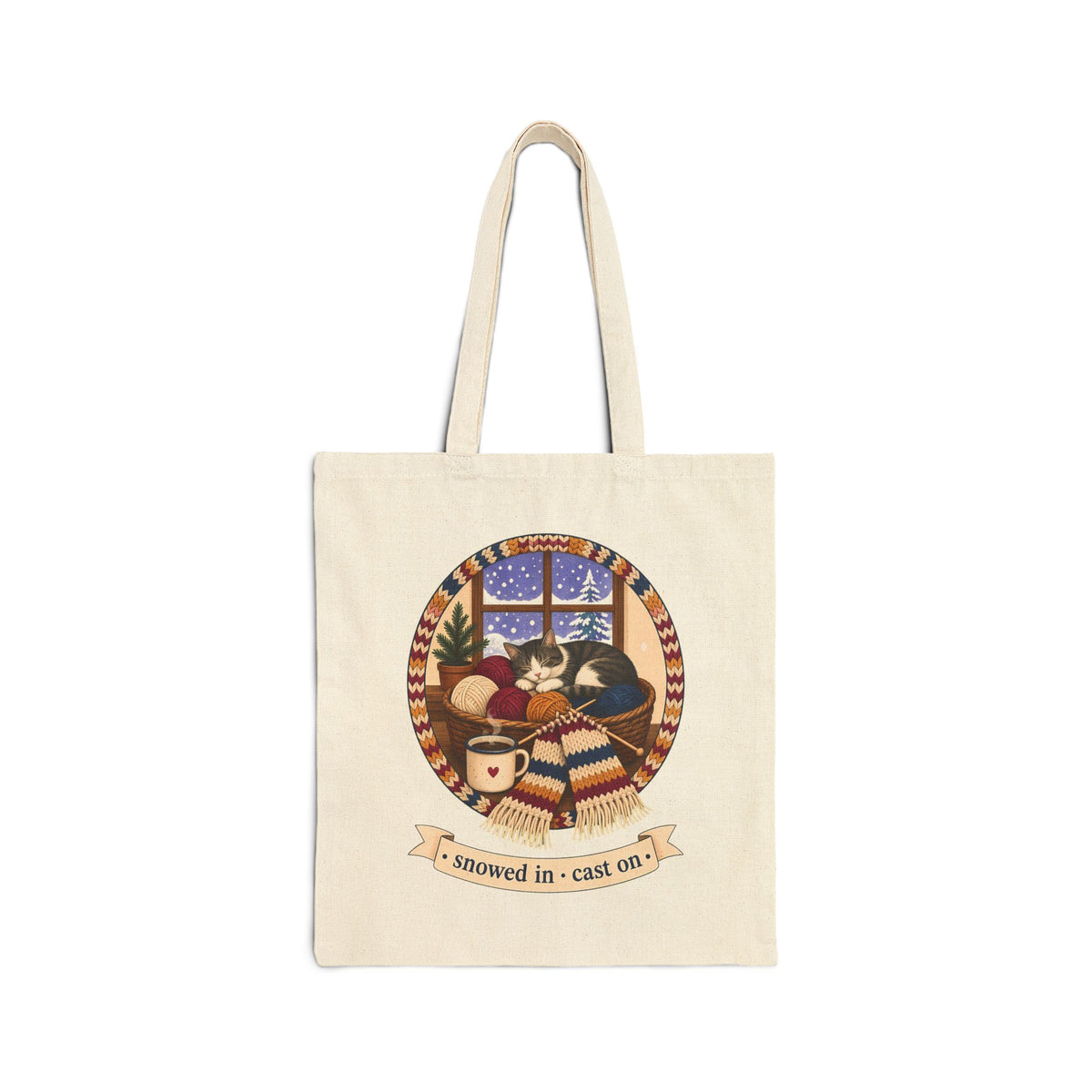 Snowed In Cast On Tote Bag, Cozy Knitting Cat Project Bag, Winter Knitter Gift, Yarn Lover Craft Tote Bag
