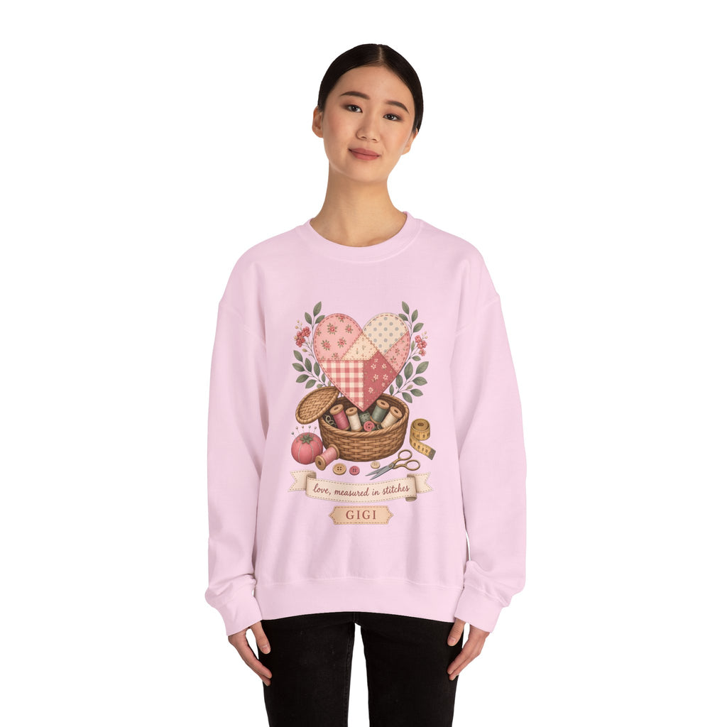 Love Measured in Stitches Gigi Sweatshirt, Sewing Grandma Gift, Personalized Quilting Nana Crewneck, Mothers Day Gift