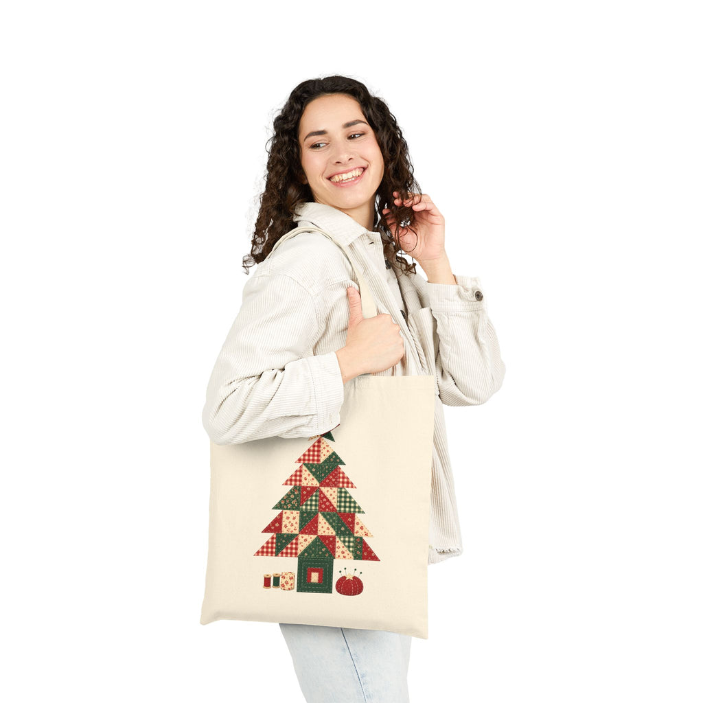 Quilt Block Christmas Tree Tote Bag, Patchwork Quilter Holiday Craft Tote, Quilting Tote Bag Gift for Quilters