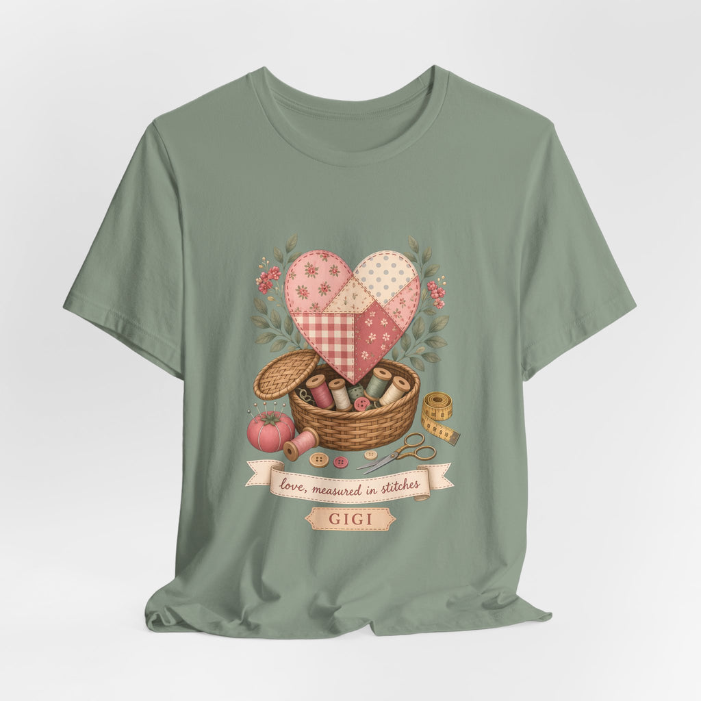 Love Measured in Stitches Gigi Shirt, Sewing Grandma Gift, Personalized Quilting Nana Tee or Tote, Mothers Day Gift