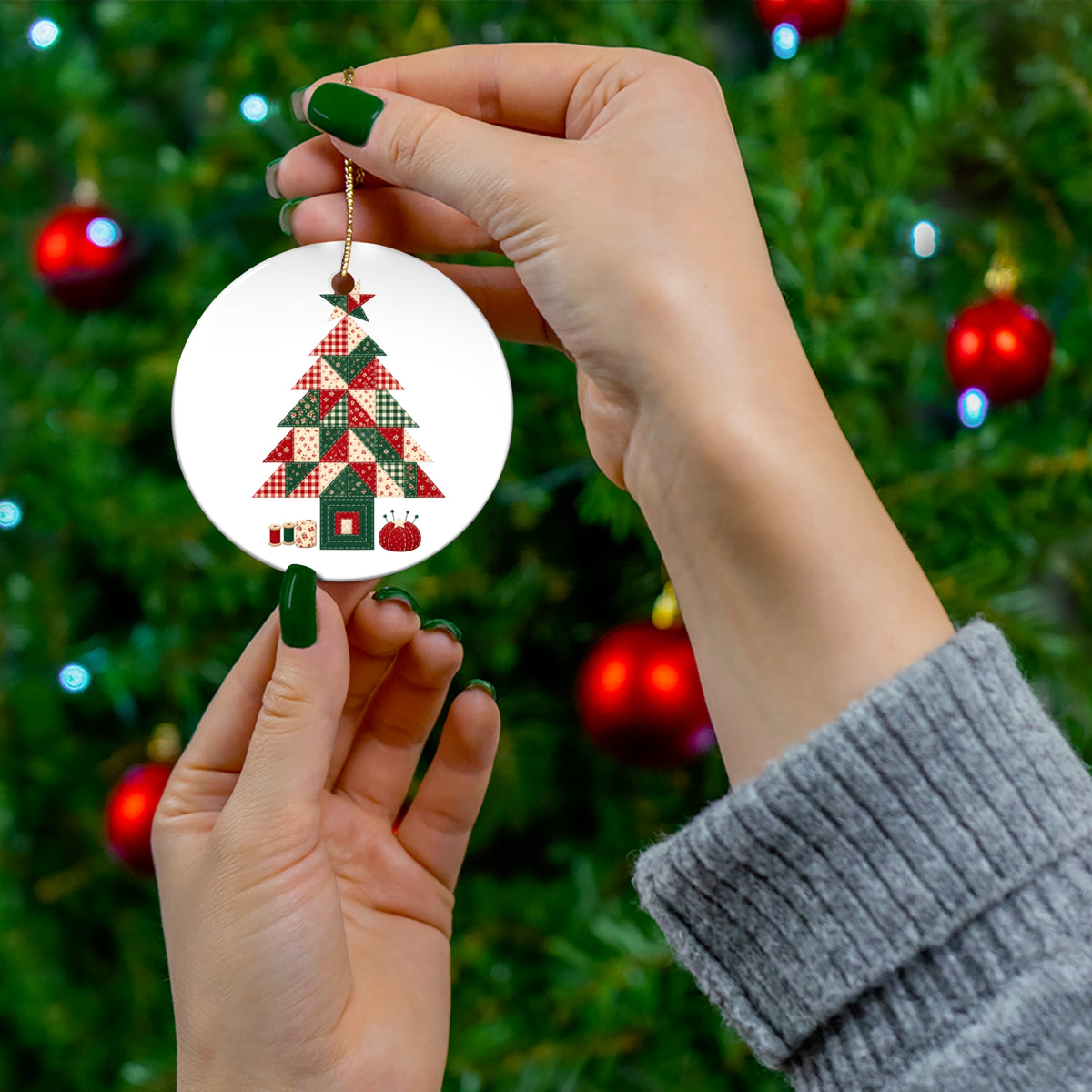 Quilt Block Christmas Tree Ornament, Patchwork Quilter Holiday Gift, Ceramic Christmas Tree Ornament for Quilters and Sewists