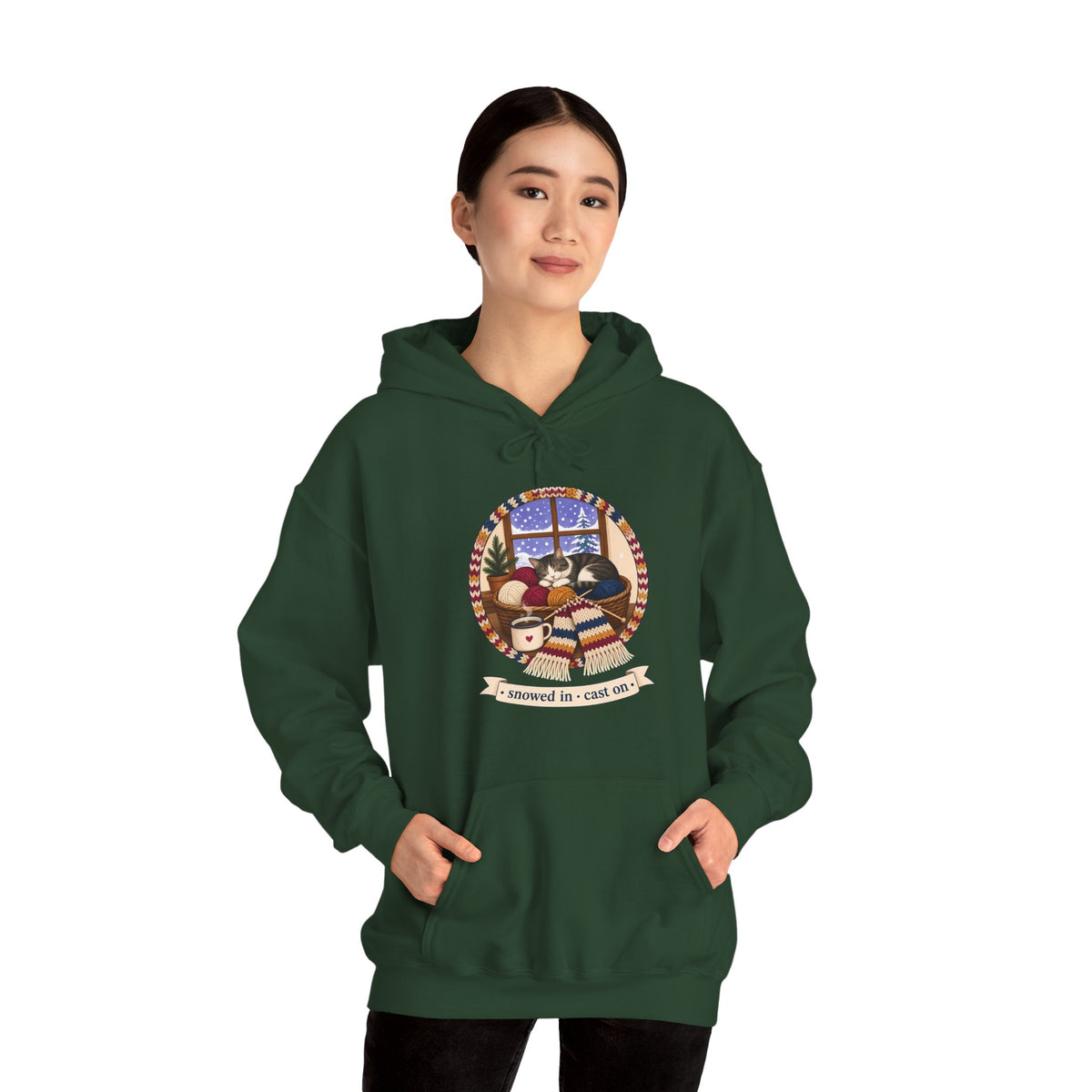 Snowed In Cast On Hoodie, Cozy Knitting Cat Hooded Sweatshirt, Winter Knitter Gift, Yarn Lover Hoodie