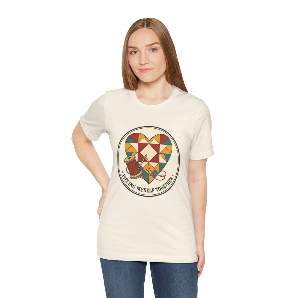 Piecing Myself Together Quilting Shirt, Quilt Heart Badge Tee, Retro Quilter Gift, Patchwork Tote Bag