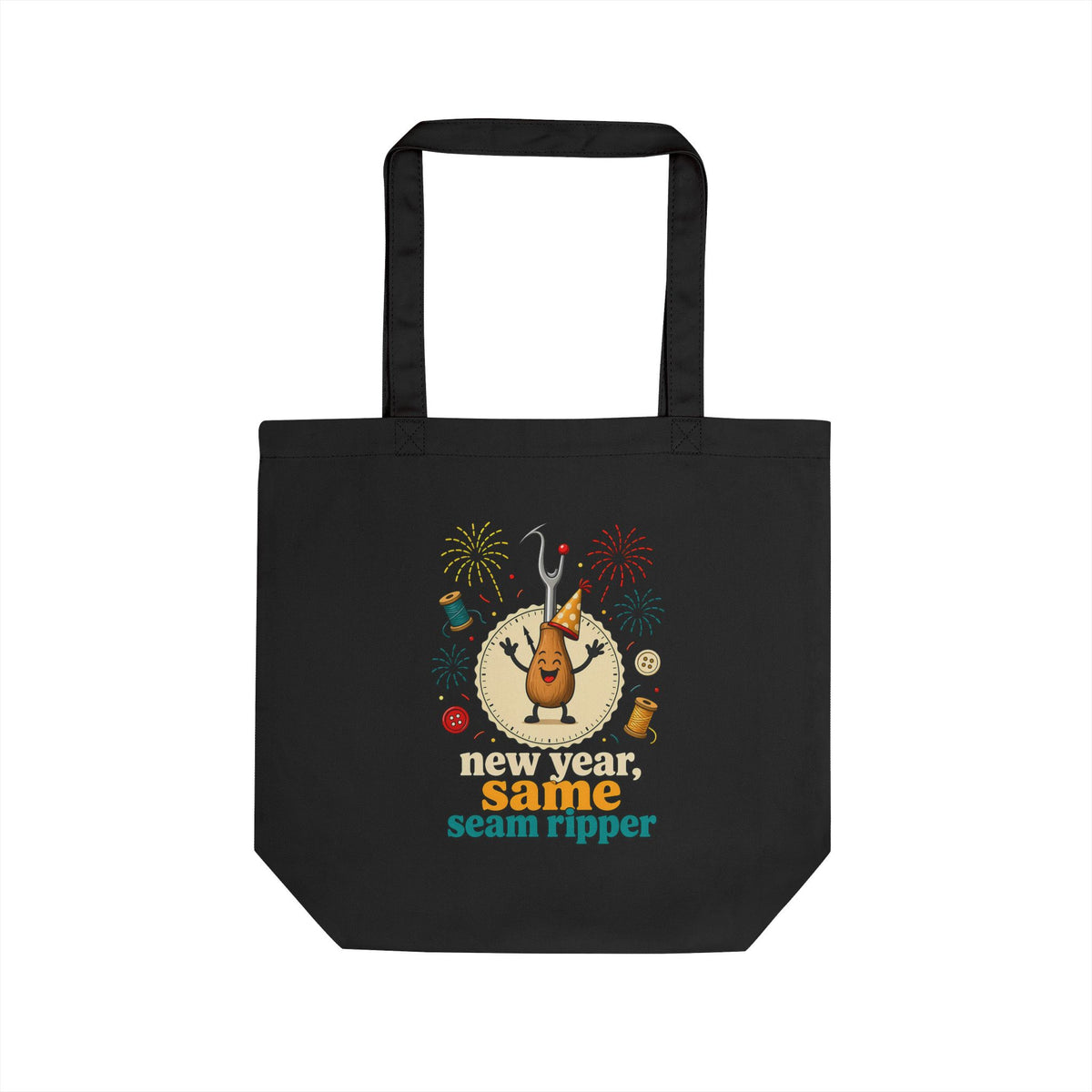 New Year Same Seam Ripper Black Tote Bag, Funny Sewing New Years Craft Tote Bag, Quilter Humor Gift, Sewist Party Bag