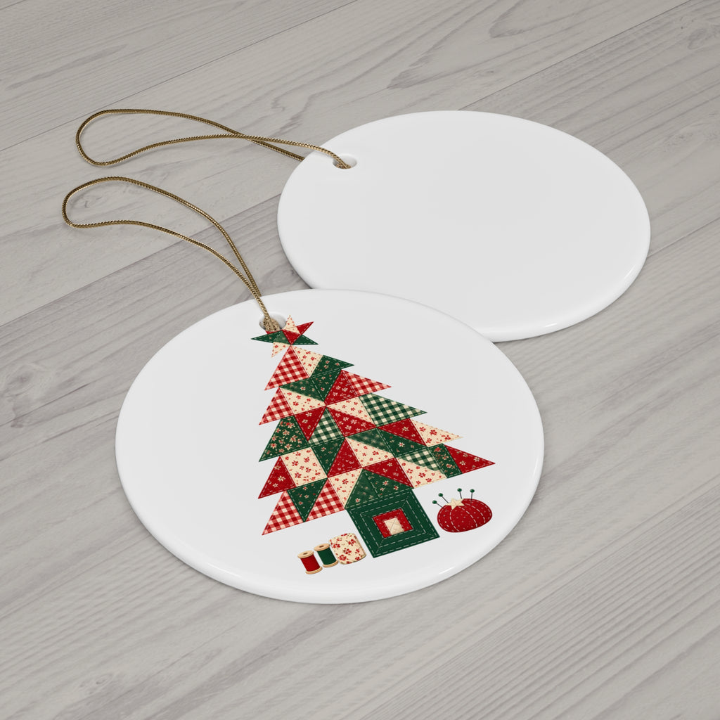 Quilt Block Christmas Tree Ornament, Patchwork Quilter Holiday Gift, Ceramic Christmas Tree Ornament for Quilters and Sewists