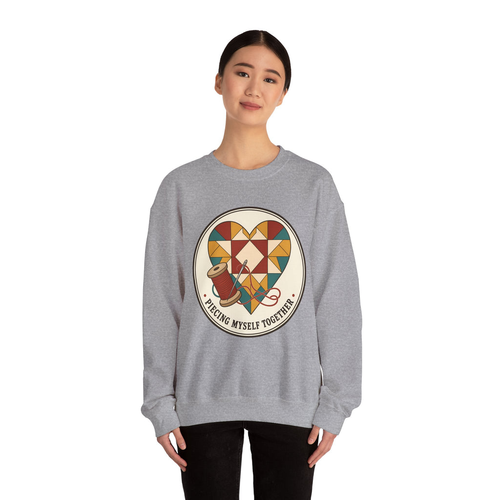 Piecing Myself Together Quilting Sweatshirt, Quilt Heart Badge Crewneck, Retro Quilter Gift, Patchwork Lover Sweater