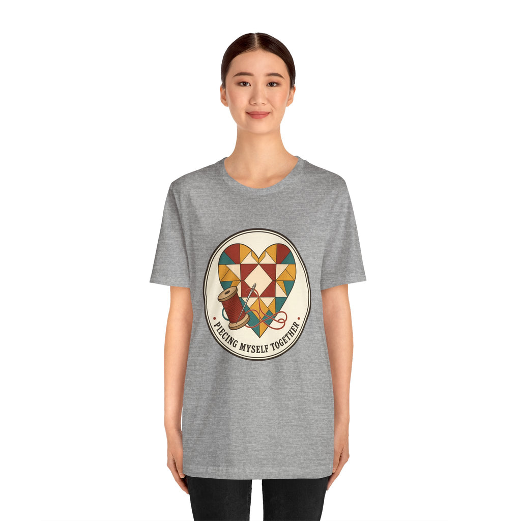 Piecing Myself Together Quilting Shirt, Quilt Heart Badge Tee, Retro Quilter Gift, Patchwork Tote Bag