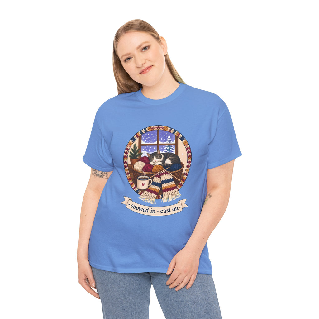 Snowed In Cast On Plus Size Tee up to 5XL, Cozy Knitting Cat Shirt, Winter Knitter Gift, Yarn Lover Gift