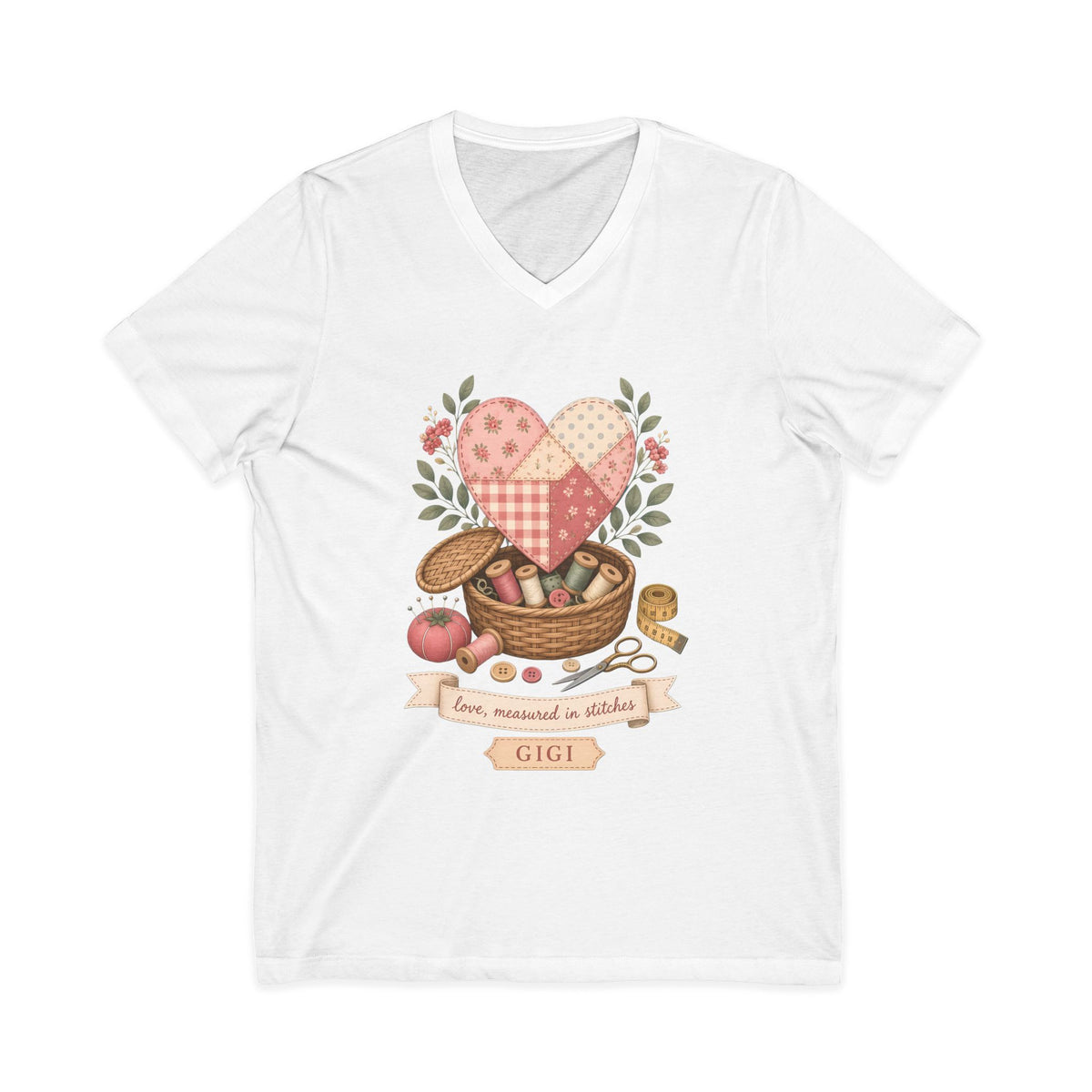 Love Measured in Stitches Gigi V-Neck Shirt, Sewing Grandma Gift, Personalized Quilting Nana Tee or Tote, Mothers Day Gift