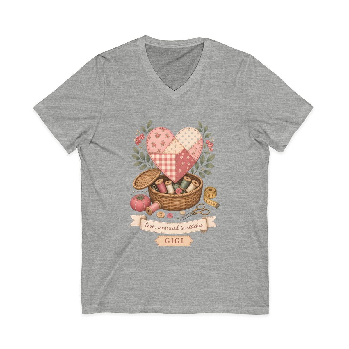 Love Measured in Stitches Gigi V-Neck Shirt, Sewing Grandma Gift, Personalized Quilting Nana Tee or Tote, Mothers Day Gift