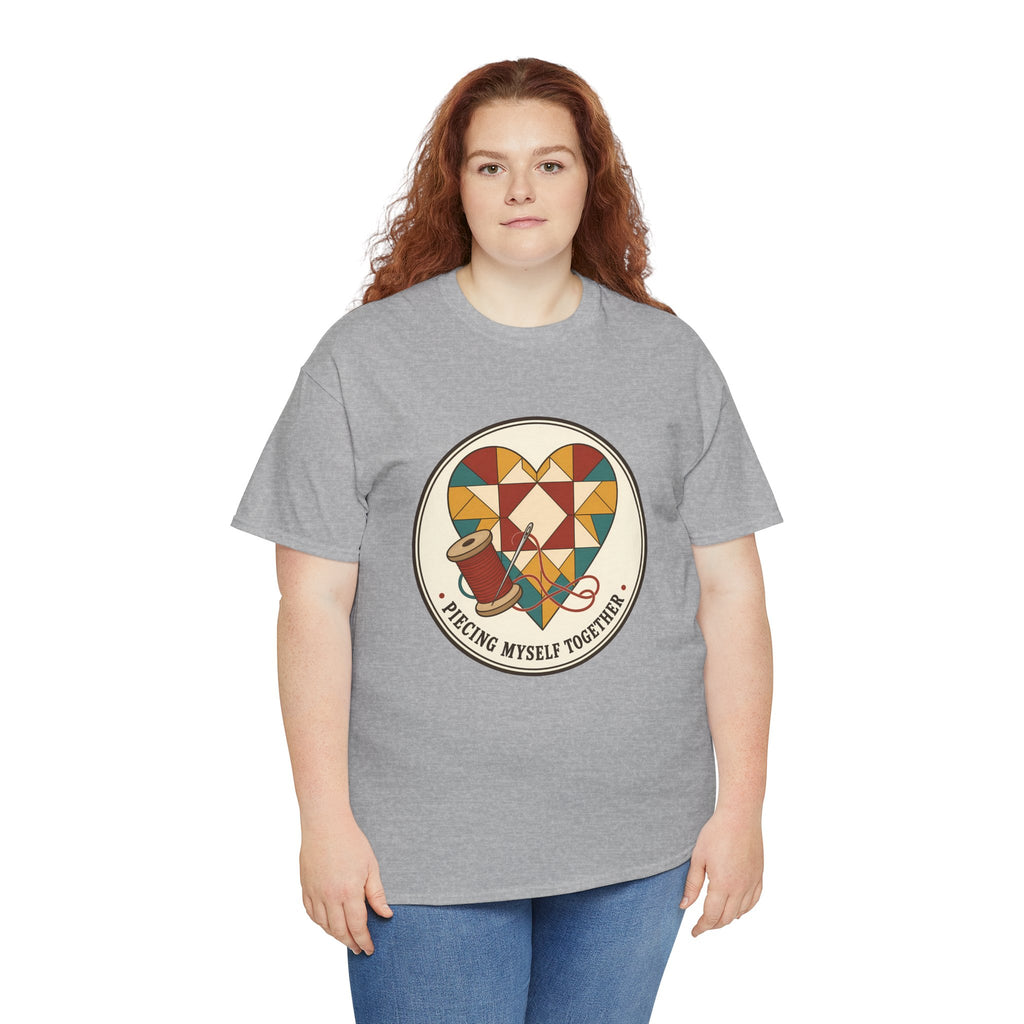 Piecing Myself Together Quilting Plus Size Tee up to 5XL, Quilt Heart Badge Shirt, Retro Quilter Gift, Patchwork Lover
