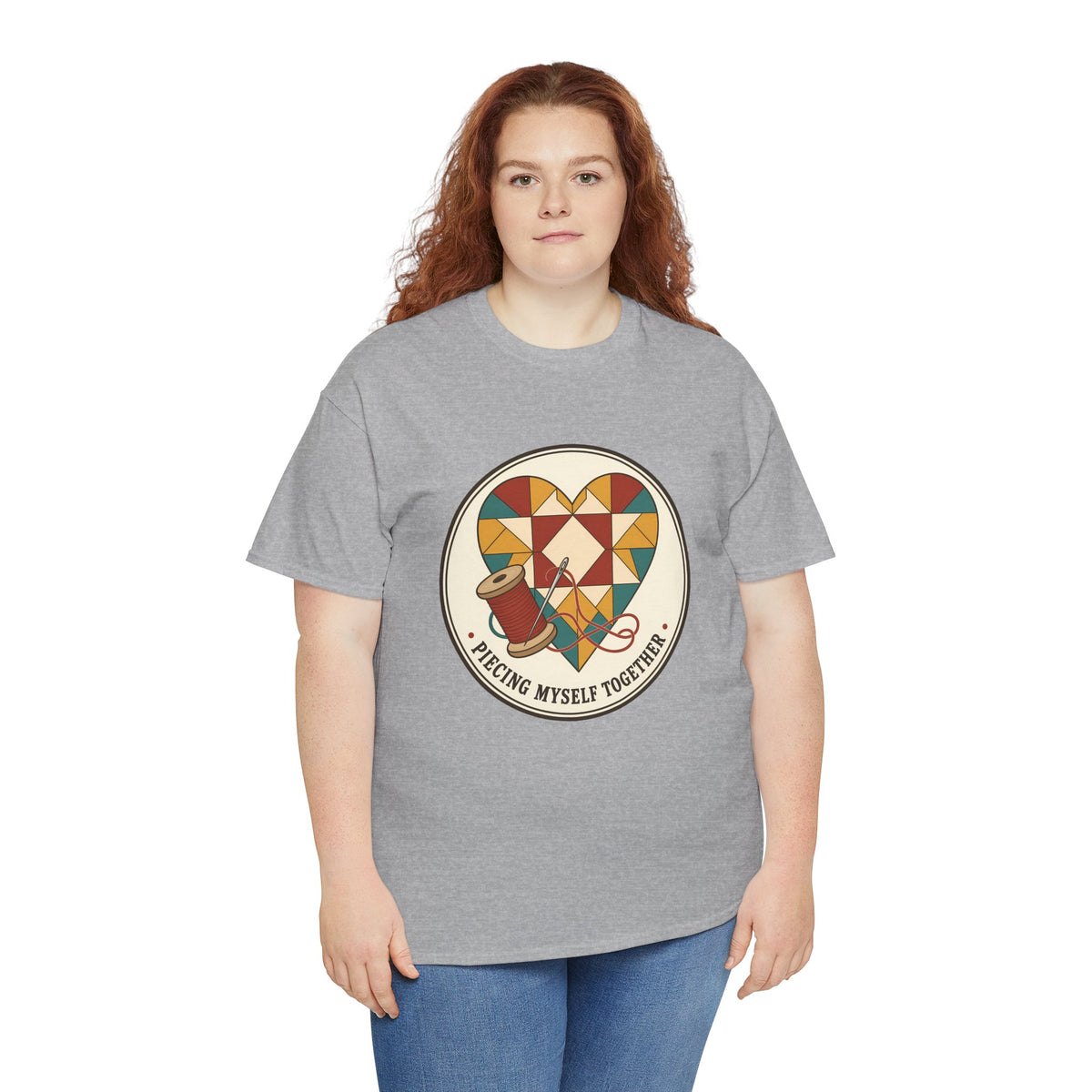 Piecing Myself Together Quilting Plus Size Tee up to 5XL, Quilt Heart Badge Shirt, Retro Quilter Gift, Patchwork Lover