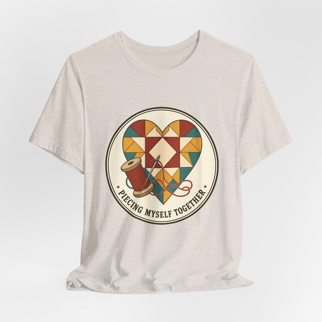 Piecing Myself Together Quilting Shirt, Quilt Heart Badge Tee, Retro Quilter Gift, Patchwork Tote Bag