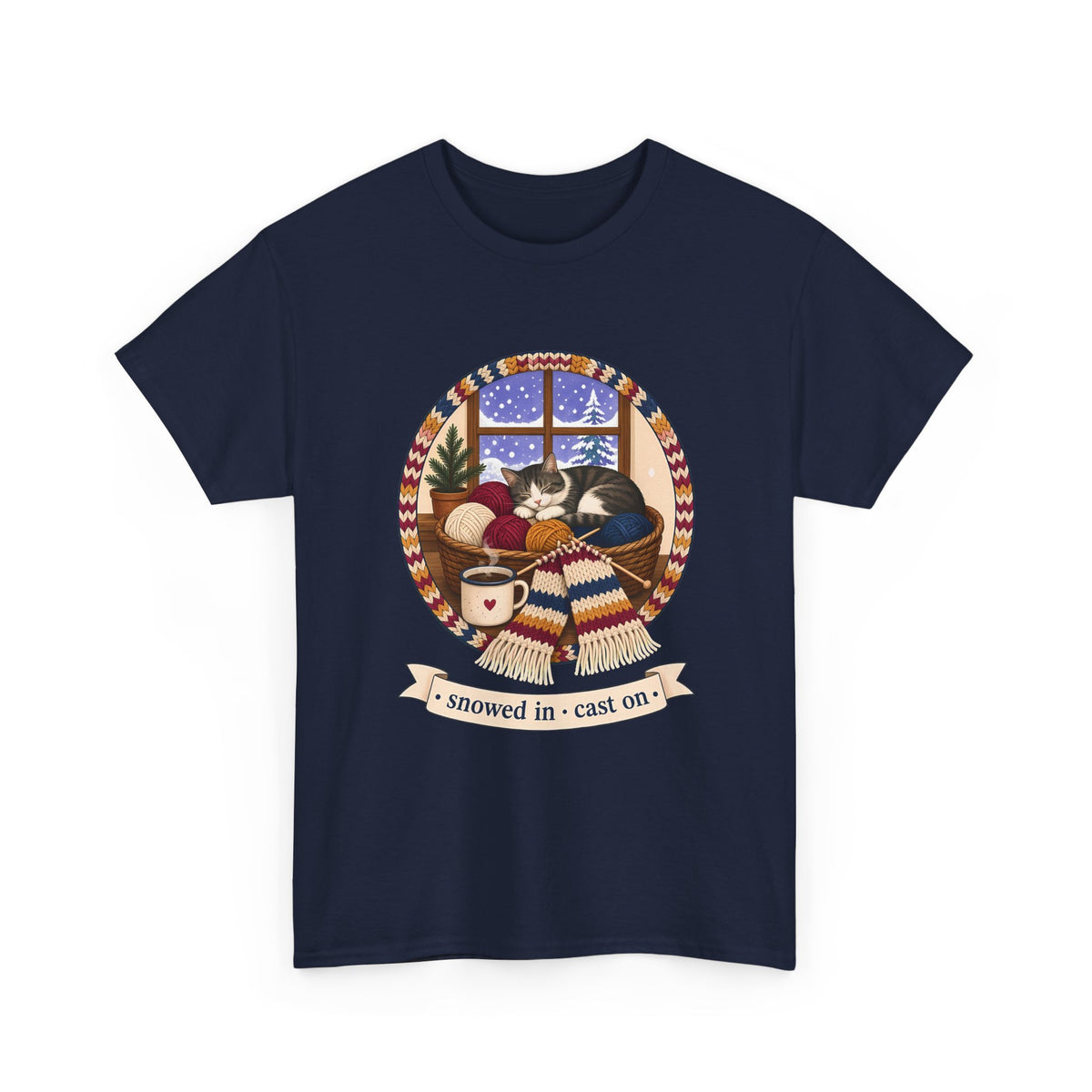 Snowed In Cast On Plus Size Tee up to 5XL, Cozy Knitting Cat Shirt, Winter Knitter Gift, Yarn Lover Gift
