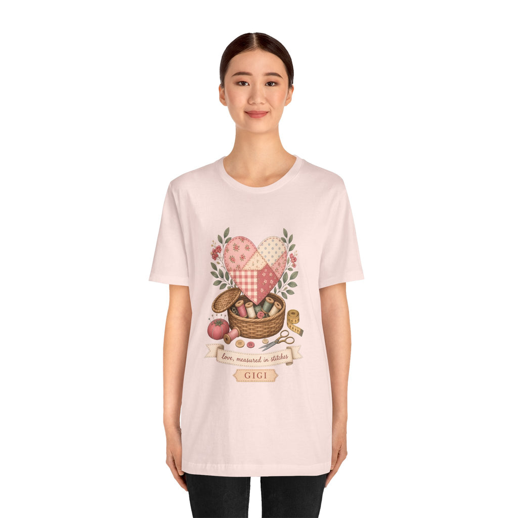 Love Measured in Stitches Gigi Shirt, Sewing Grandma Gift, Personalized Quilting Nana Tee or Tote, Mothers Day Gift