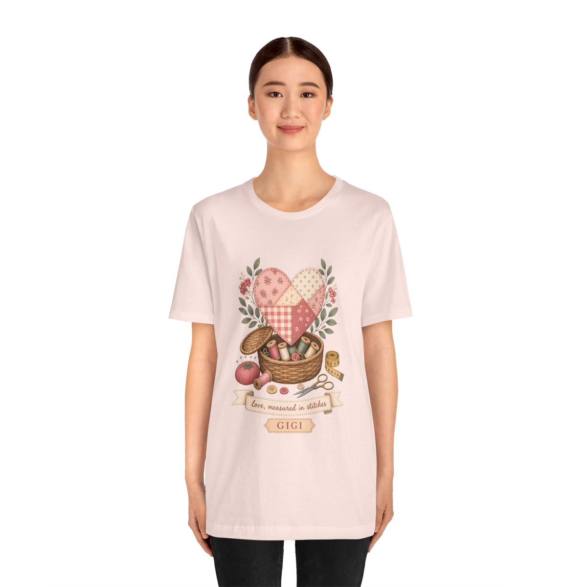 Love Measured in Stitches Gigi Shirt, Sewing Grandma Gift, Personalized Quilting Nana Tee or Tote, Mothers Day Gift