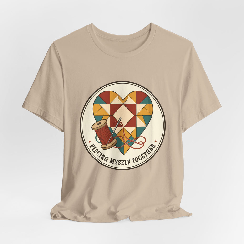 Piecing Myself Together Quilting Shirt, Quilt Heart Badge Tee, Retro Quilter Gift, Patchwork Tote Bag