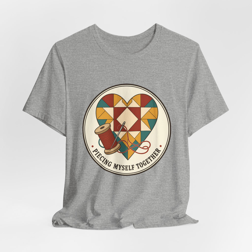 Piecing Myself Together Quilting Shirt, Quilt Heart Badge Tee, Retro Quilter Gift, Patchwork Tote Bag
