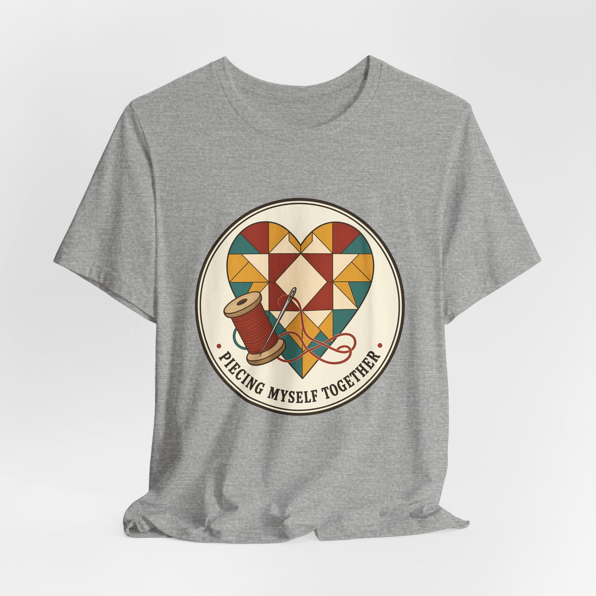 Piecing Myself Together Quilting Shirt, Quilt Heart Badge Tee, Retro Quilter Gift, Patchwork Tote Bag