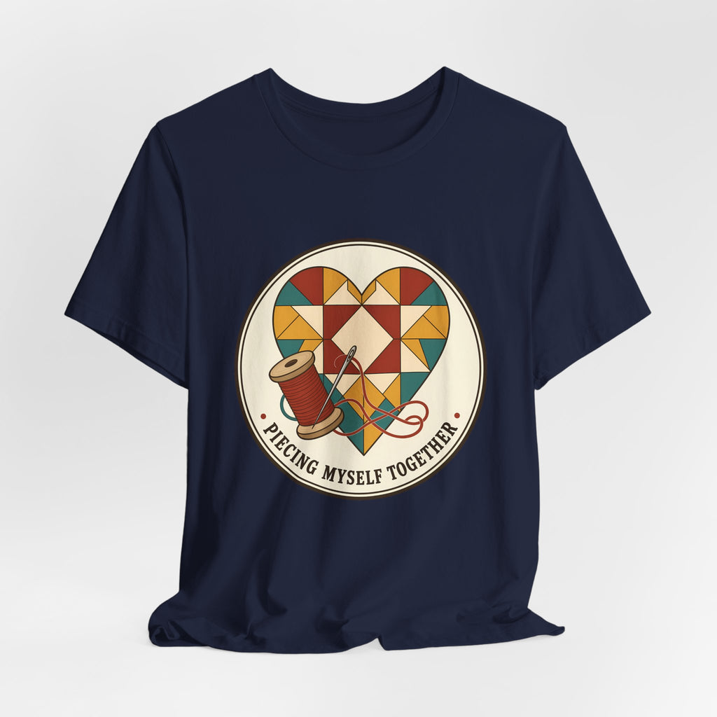 Piecing Myself Together Quilting Shirt, Quilt Heart Badge Tee, Retro Quilter Gift, Patchwork Tote Bag