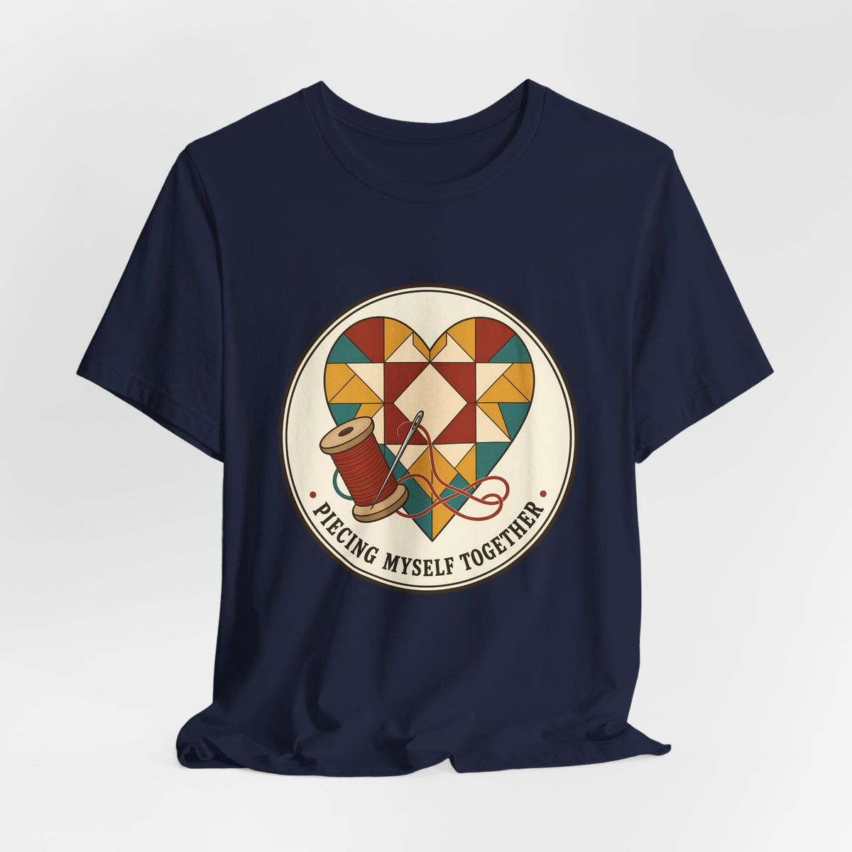 Piecing Myself Together Quilting Shirt, Quilt Heart Badge Tee, Retro Quilter Gift, Patchwork Tote Bag
