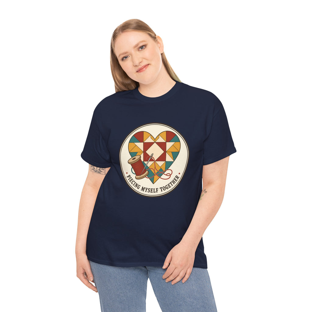 Piecing Myself Together Quilting Plus Size Tee up to 5XL, Quilt Heart Badge Shirt, Retro Quilter Gift, Patchwork Lover