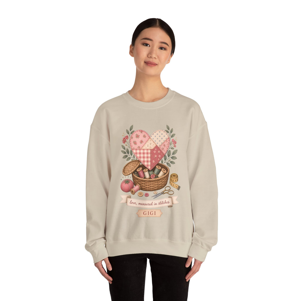 Love Measured in Stitches Gigi Sweatshirt, Sewing Grandma Gift, Personalized Quilting Nana Crewneck, Mothers Day Gift