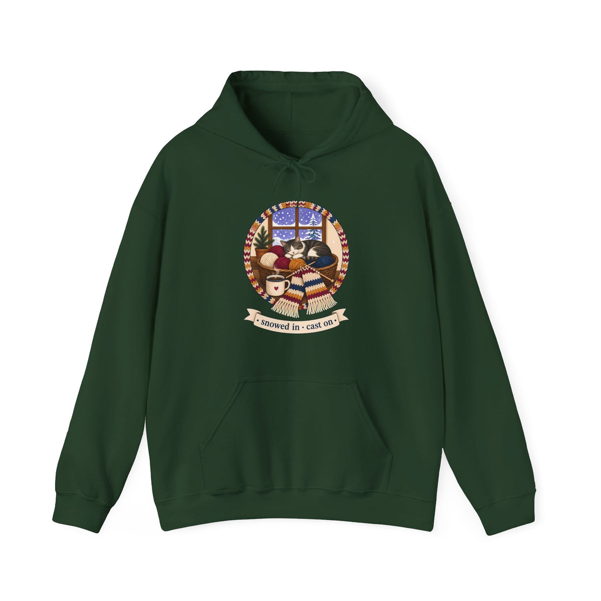 Snowed In Cast On Hoodie, Cozy Knitting Cat Hooded Sweatshirt, Winter Knitter Gift, Yarn Lover Hoodie