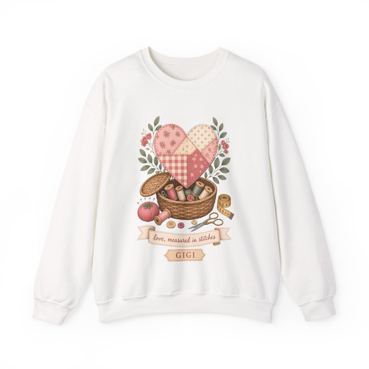Love Measured in Stitches Gigi Sweatshirt, Sewing Grandma Gift, Personalized Quilting Nana Crewneck, Mothers Day Gift