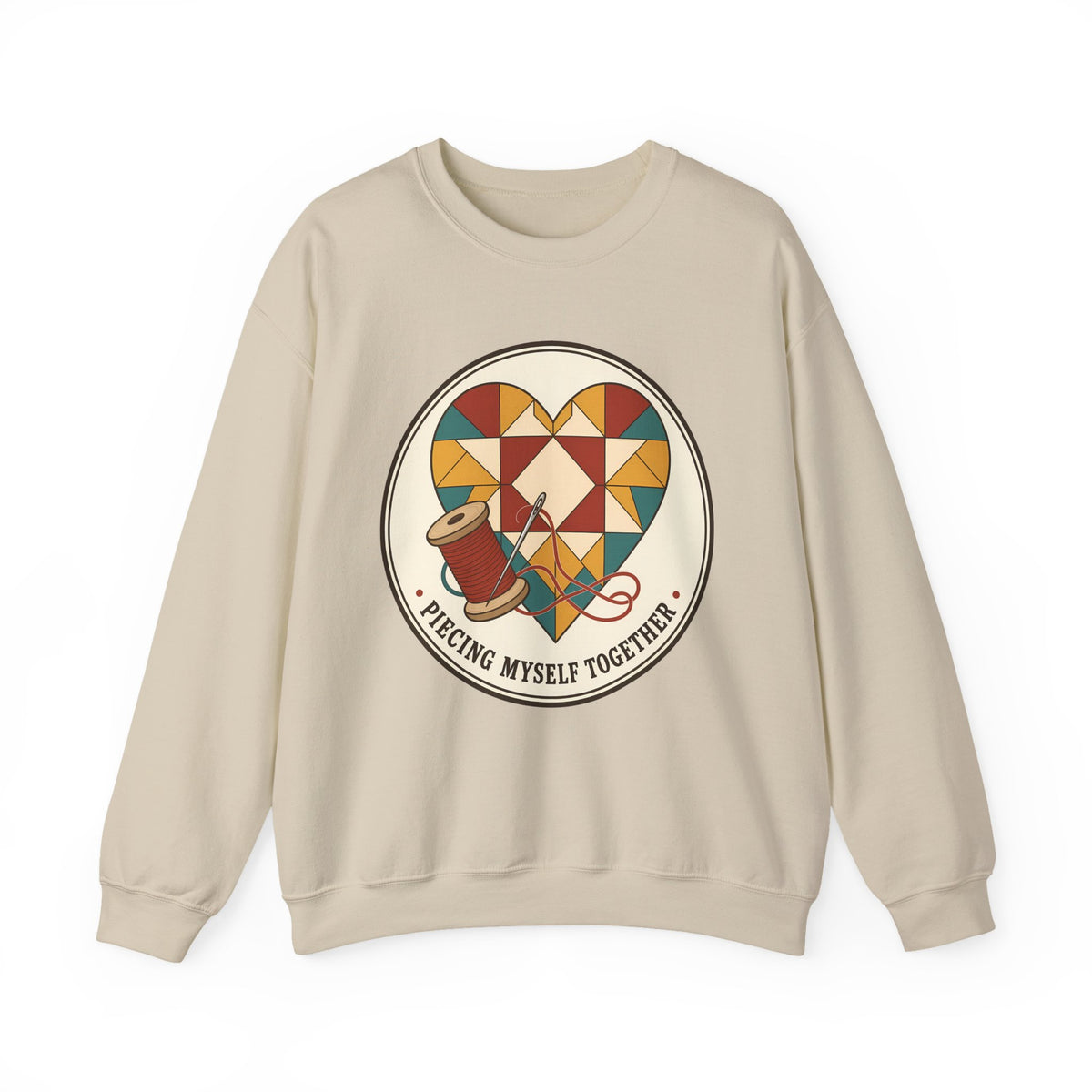 Piecing Myself Together Quilting Sweatshirt, Quilt Heart Badge Crewneck, Retro Quilter Gift, Patchwork Lover Sweater