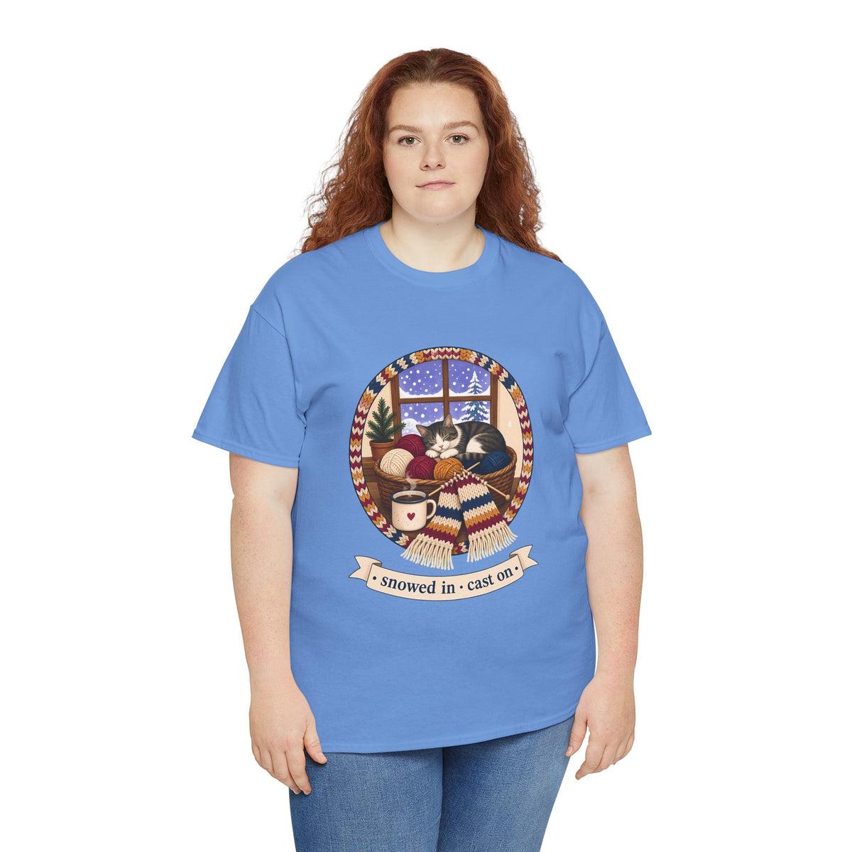 Snowed In Cast On Plus Size Tee up to 5XL, Cozy Knitting Cat Shirt, Winter Knitter Gift, Yarn Lover Gift