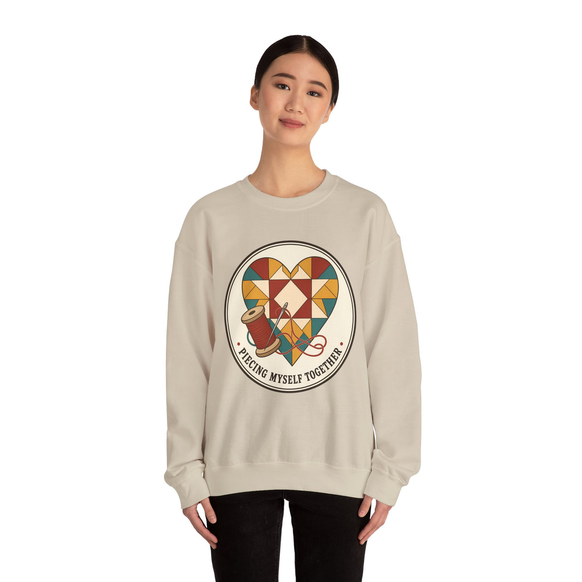Piecing Myself Together Quilting Sweatshirt, Quilt Heart Badge Crewneck, Retro Quilter Gift, Patchwork Lover Sweater