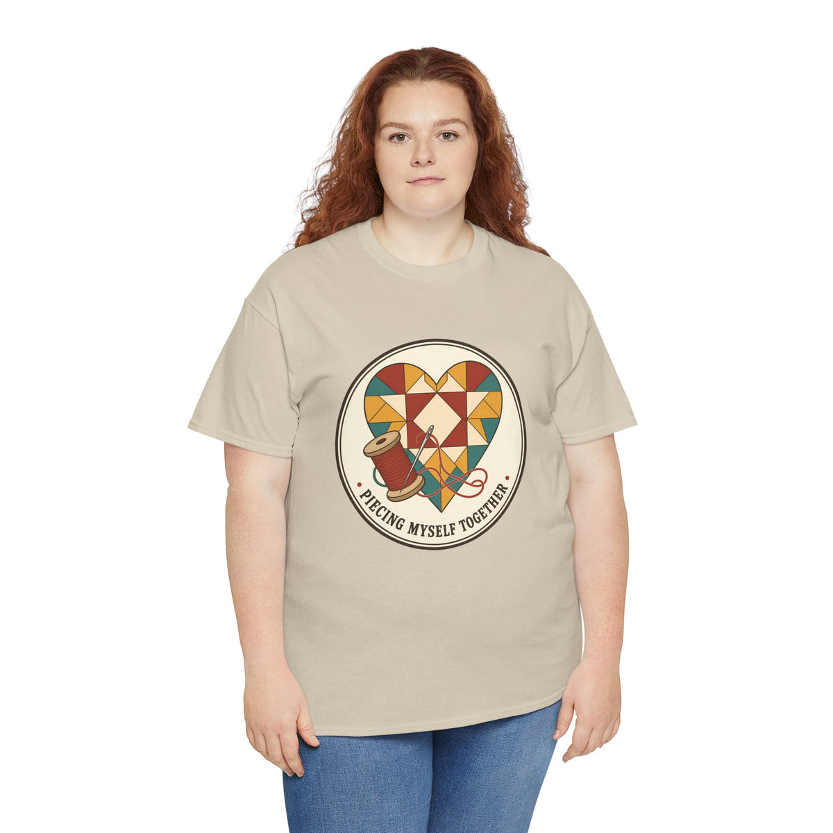 Piecing Myself Together Quilting Plus Size Tee up to 5XL, Quilt Heart Badge Shirt, Retro Quilter Gift, Patchwork Lover