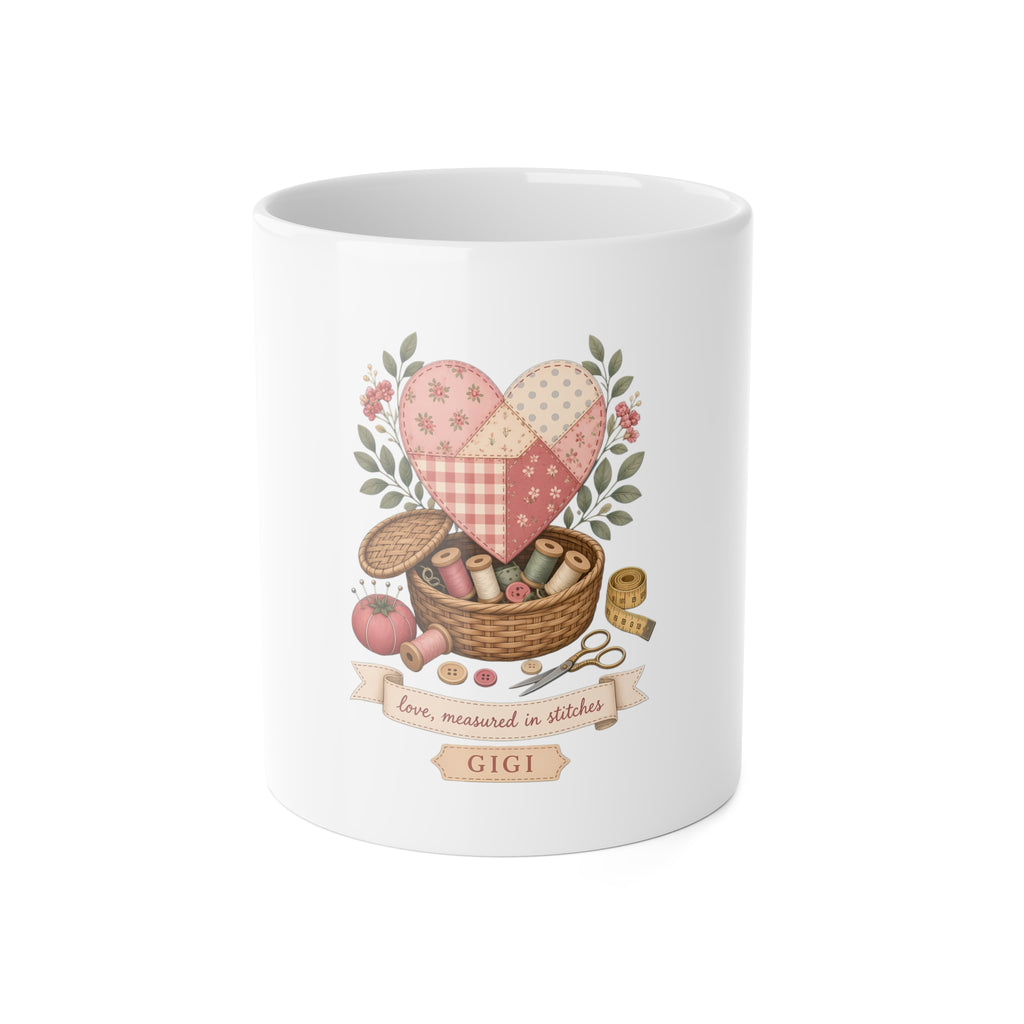 Love Measured in Stitches Gigi Mug, Sewing Grandma Gift, Personalized Quilting Nana 11oz Coffee Mug, Mothers Day Gift