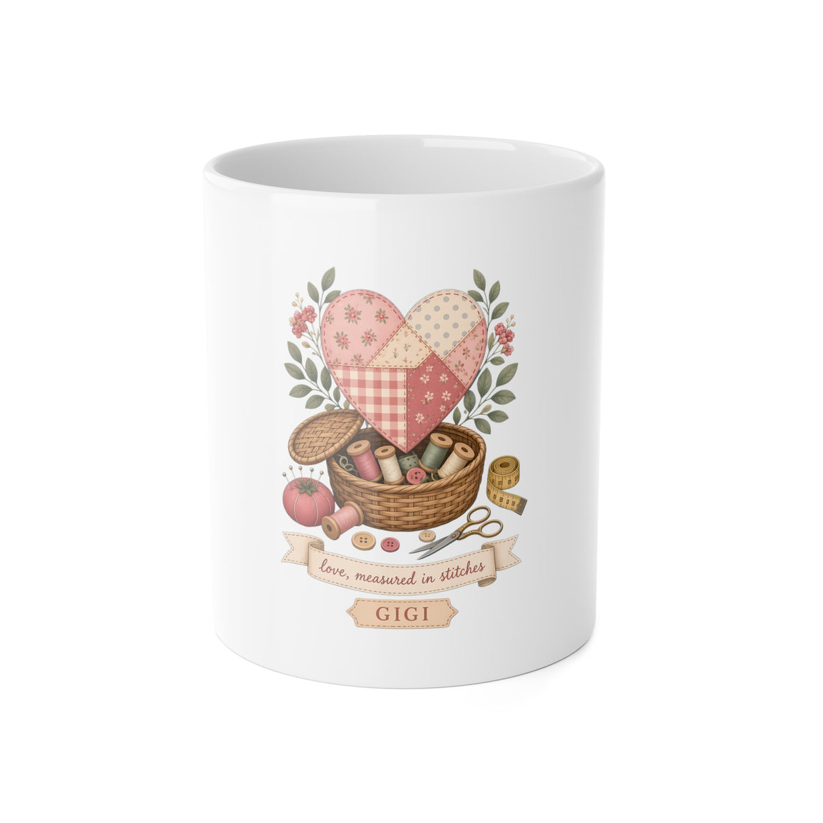Love Measured in Stitches Gigi Mug, Sewing Grandma Gift, Personalized Quilting Nana 11oz Coffee Mug, Mothers Day Gift