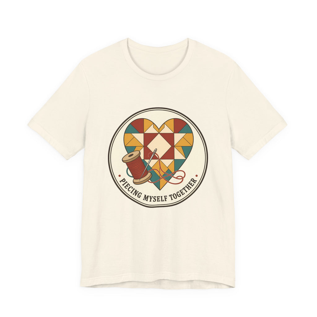 Piecing Myself Together Quilting Shirt, Quilt Heart Badge Tee, Retro Quilter Gift, Patchwork Tote Bag