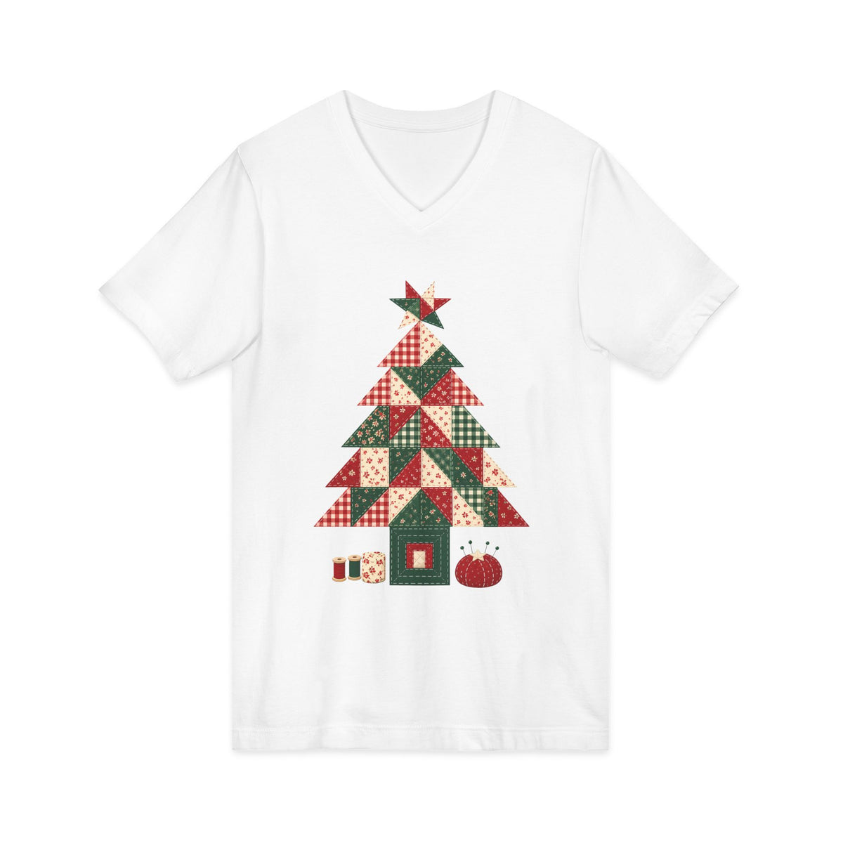 Quilt Block Christmas Tree V-Neck Shirt, Patchwork Quilter Holiday Tee or Tote, Gift for Quilters, Sewing Christmas Sweatshirt