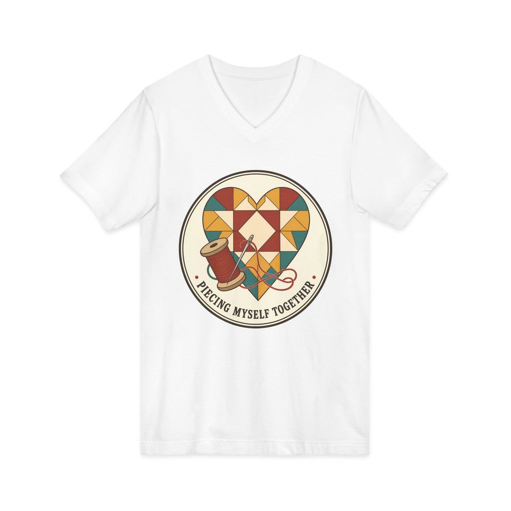 Piecing Myself Together Quilting V-Neck Shirt, Quilt Heart Badge Tee, Retro Quilter Gift, Patchwork Tote Bag
