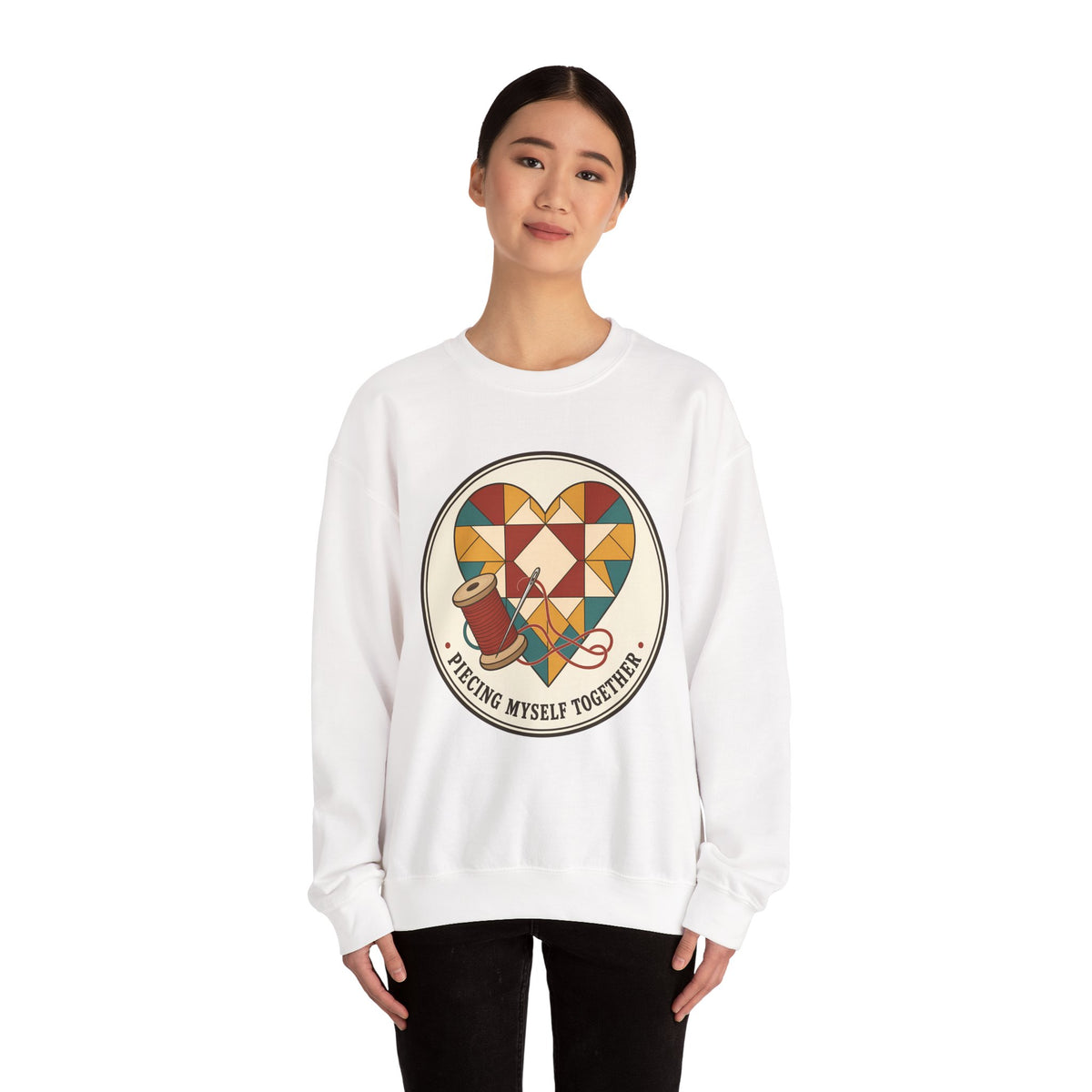 Piecing Myself Together Quilting Sweatshirt, Quilt Heart Badge Crewneck, Retro Quilter Gift, Patchwork Lover Sweater