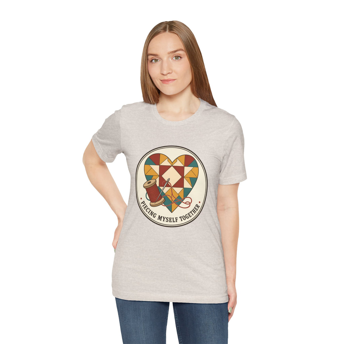 Piecing Myself Together Quilting Shirt, Quilt Heart Badge Tee, Retro Quilter Gift, Patchwork Tote Bag
